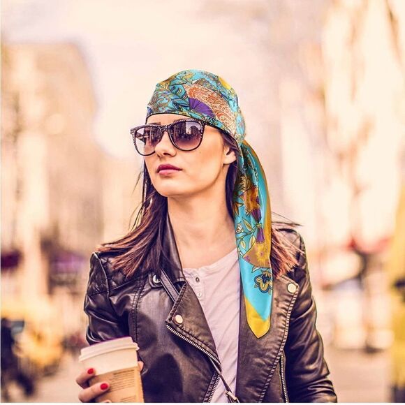 Bright Blue Patterned Silky Scarf - Picture 1 of 4